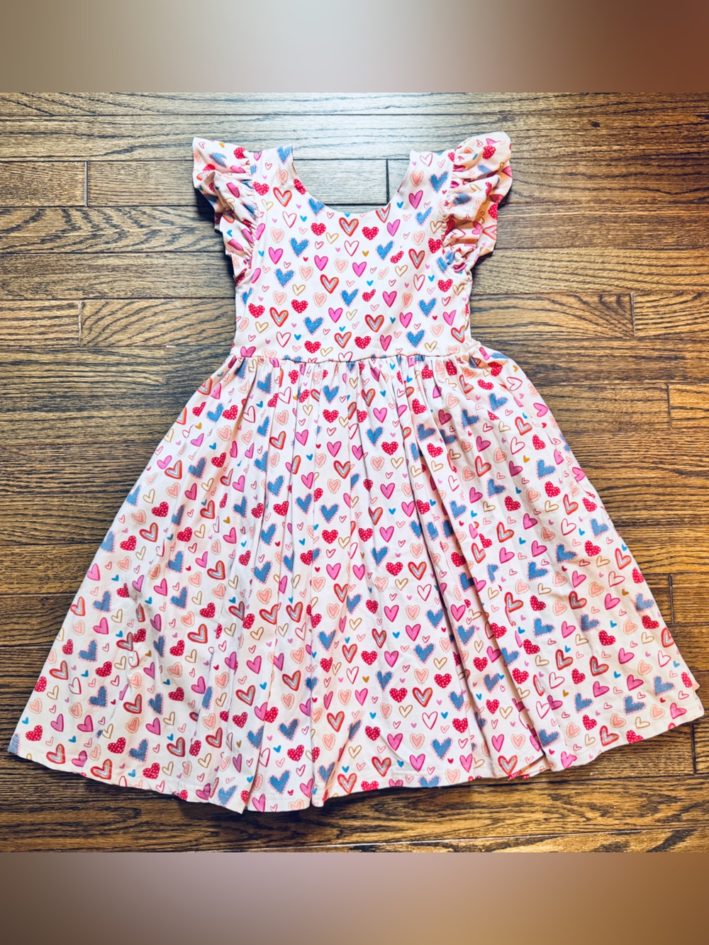 Girls' Ollie Jay Ivory with Pink Heart-Print Ruffle Sleeve Dress
